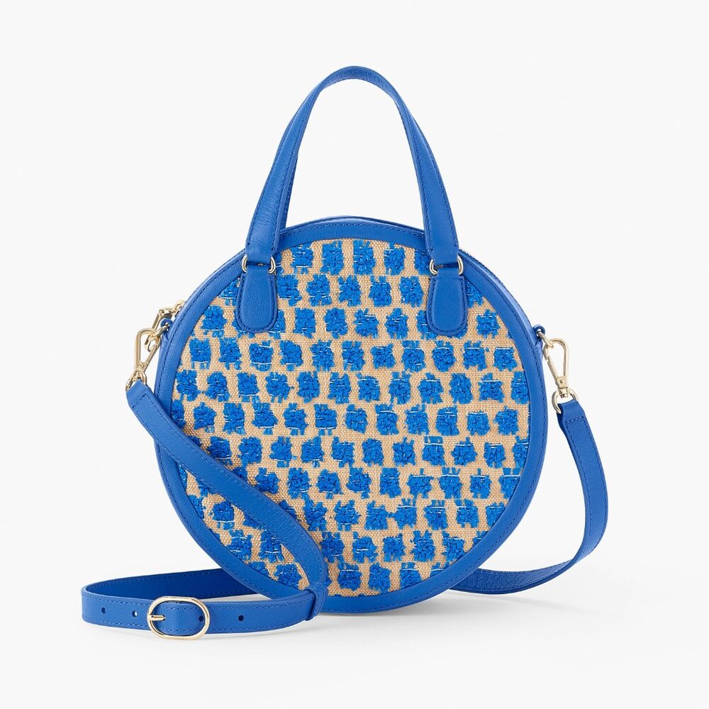Talbots Blue Round Raffia Handbag with Detachable Crossbody Strap; 10"x3"x10"